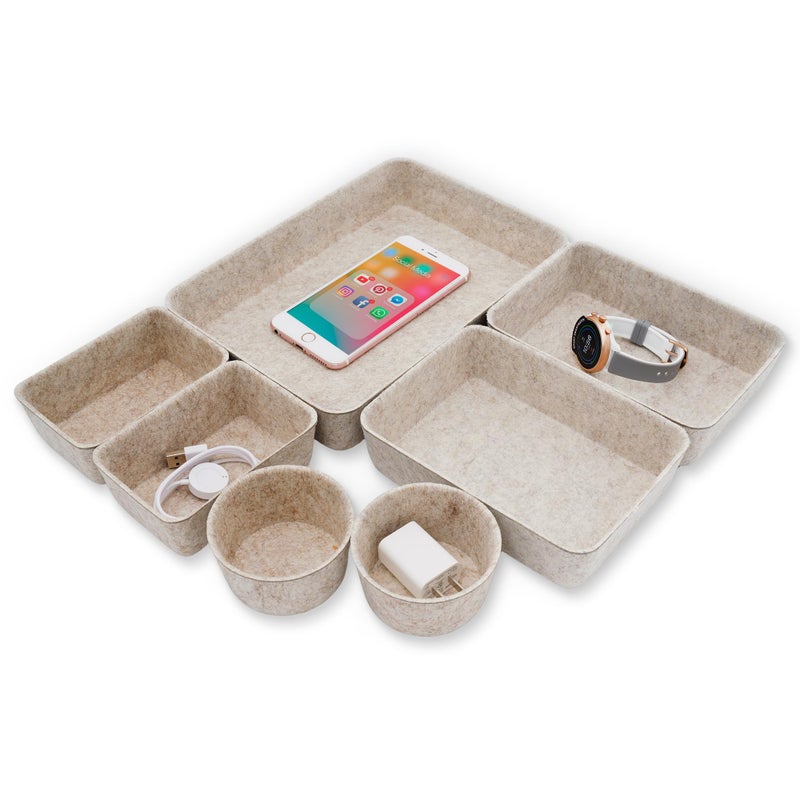 Welaxy Felt Desk Drawer Organizer Trays, 7-Piece Storage Bins for Office, Catchall, Scandinavian Minimalist Decor (Oatmeal) - Image 1